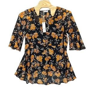Estelle 1X Rust Orange, Blue, Black Floral Sheer‎ Blouse w/Black Cami NWT